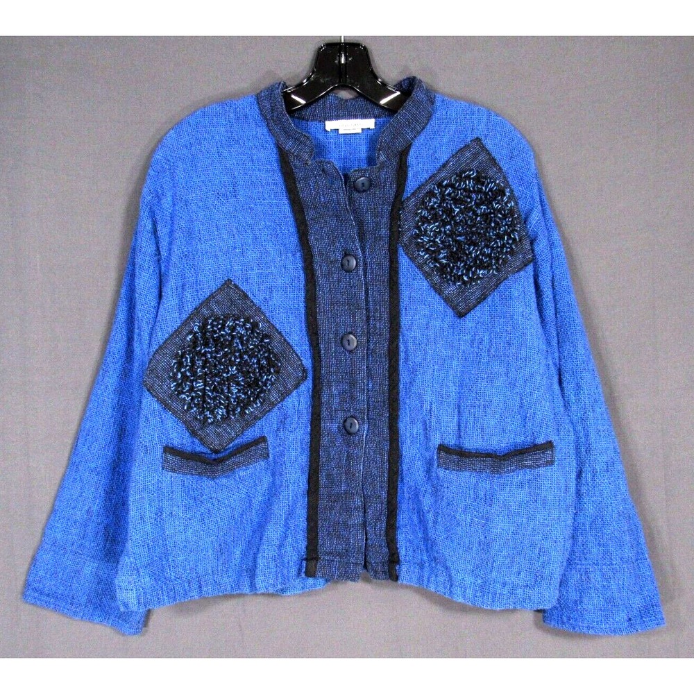SANGAM Blue/Black Patch WOVEN COTTON Lagenlook BUTTON-UP Cropped Jacket/Top L